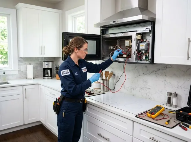 Appliance Repair Hero technician testing an over-the-range microwave in a Abingdon, VA kitchen